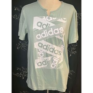 Adidas Womens Mint Green Graphic Logo Notched V-Neck Short Sleeve T-Shirt Size M